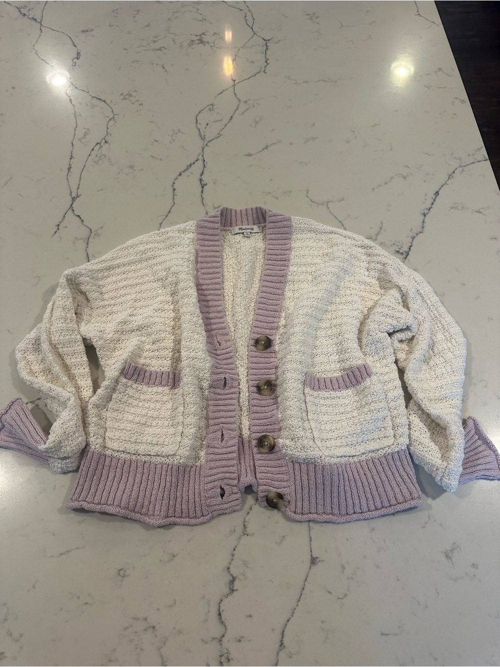 Madewell Cream Cardigan with Lavender Trim